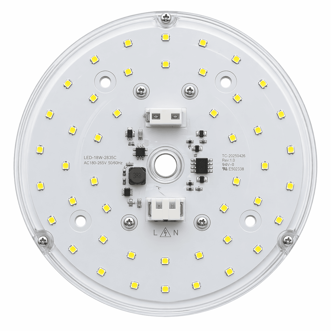 Assembled circular LED module with onboard driver