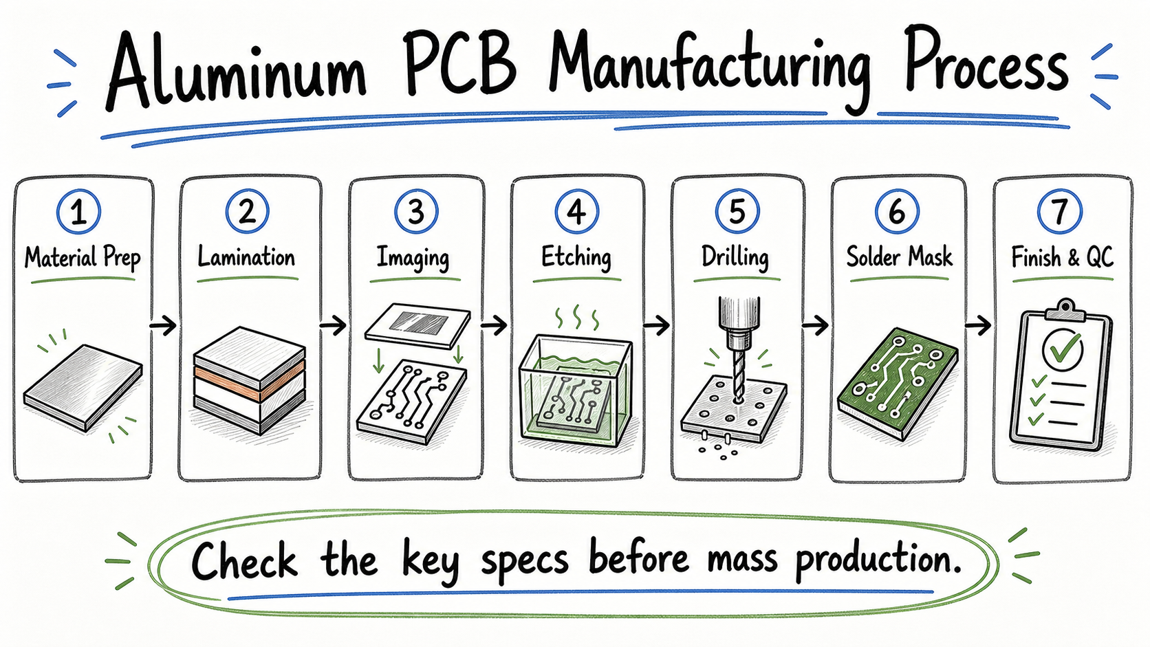 Hand-drawn aluminum PCB manufacturing process flowchart