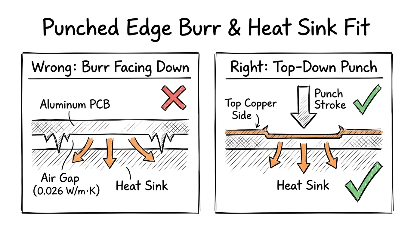 Punched edge burr deburring comparison showing raw downward burr air gap versus deburred flat heat sink contact