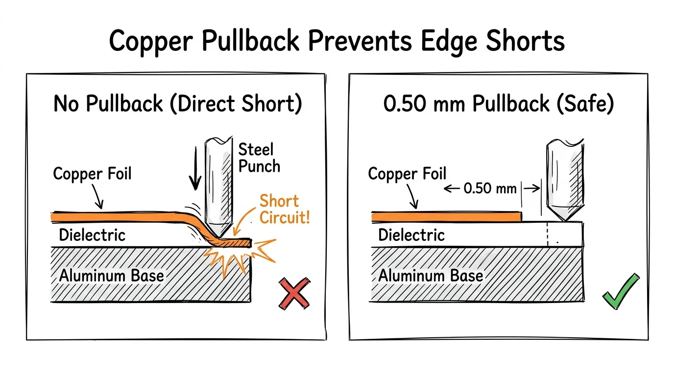 Copper pullback comparison showing sheared copper edge short versus safe pullback margin