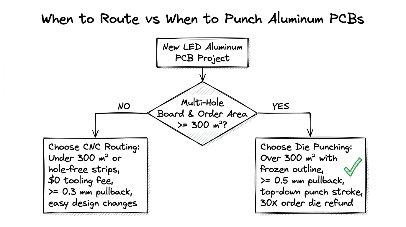 Decision flowchart for choosing between CNC routing and die punching on LED aluminum PCBs