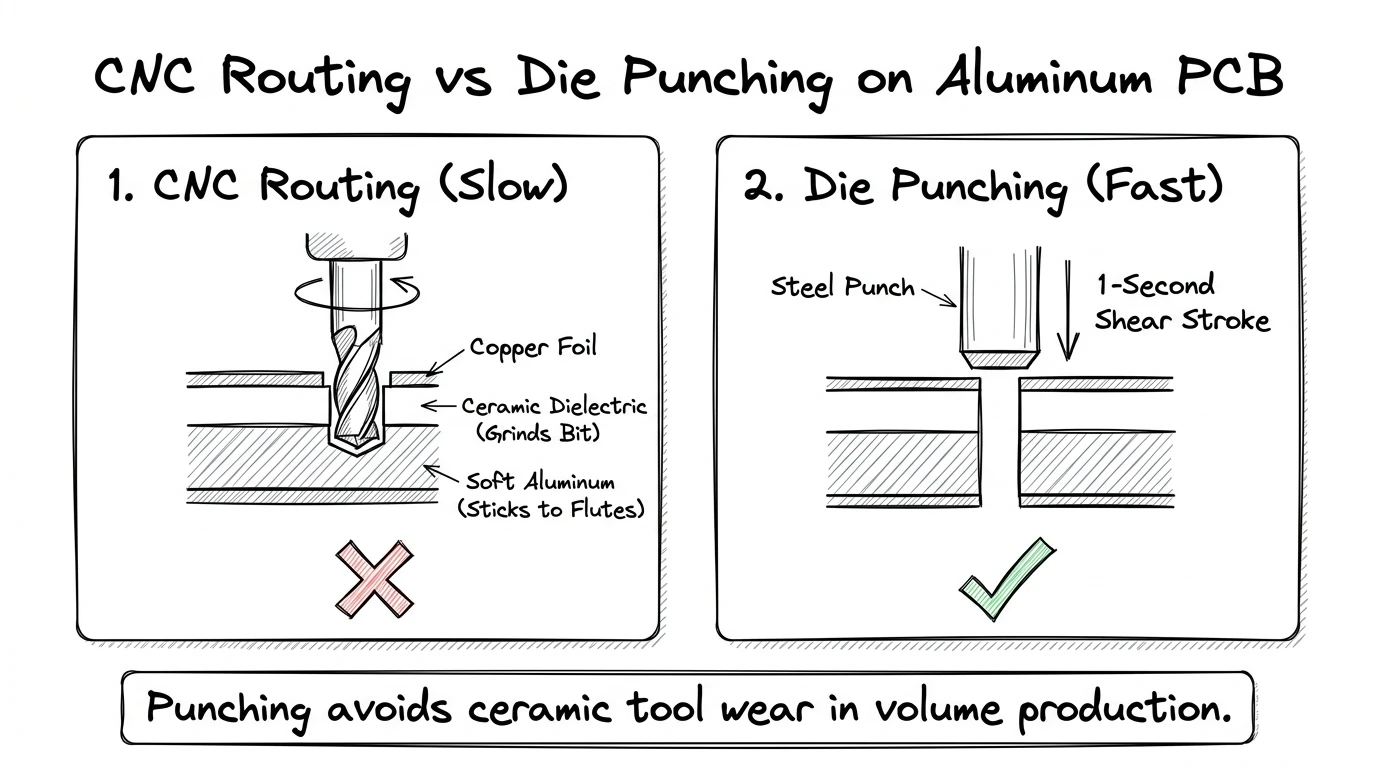 CNC routing vs die punching on aluminum PCB showing ceramic bit wear versus 1-second steel punch shear