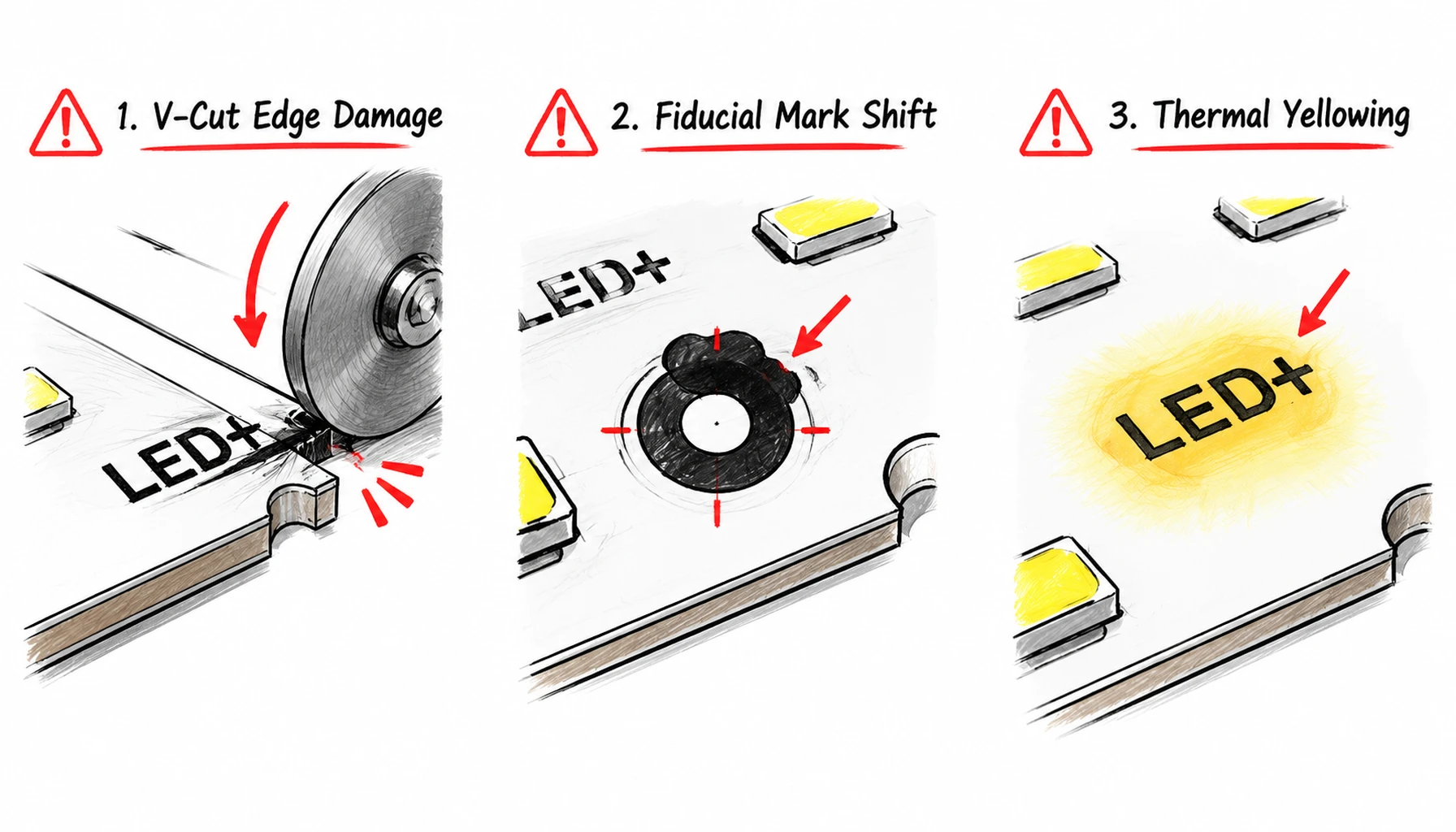 Three PCB silkscreen hazards on aluminum LED boards