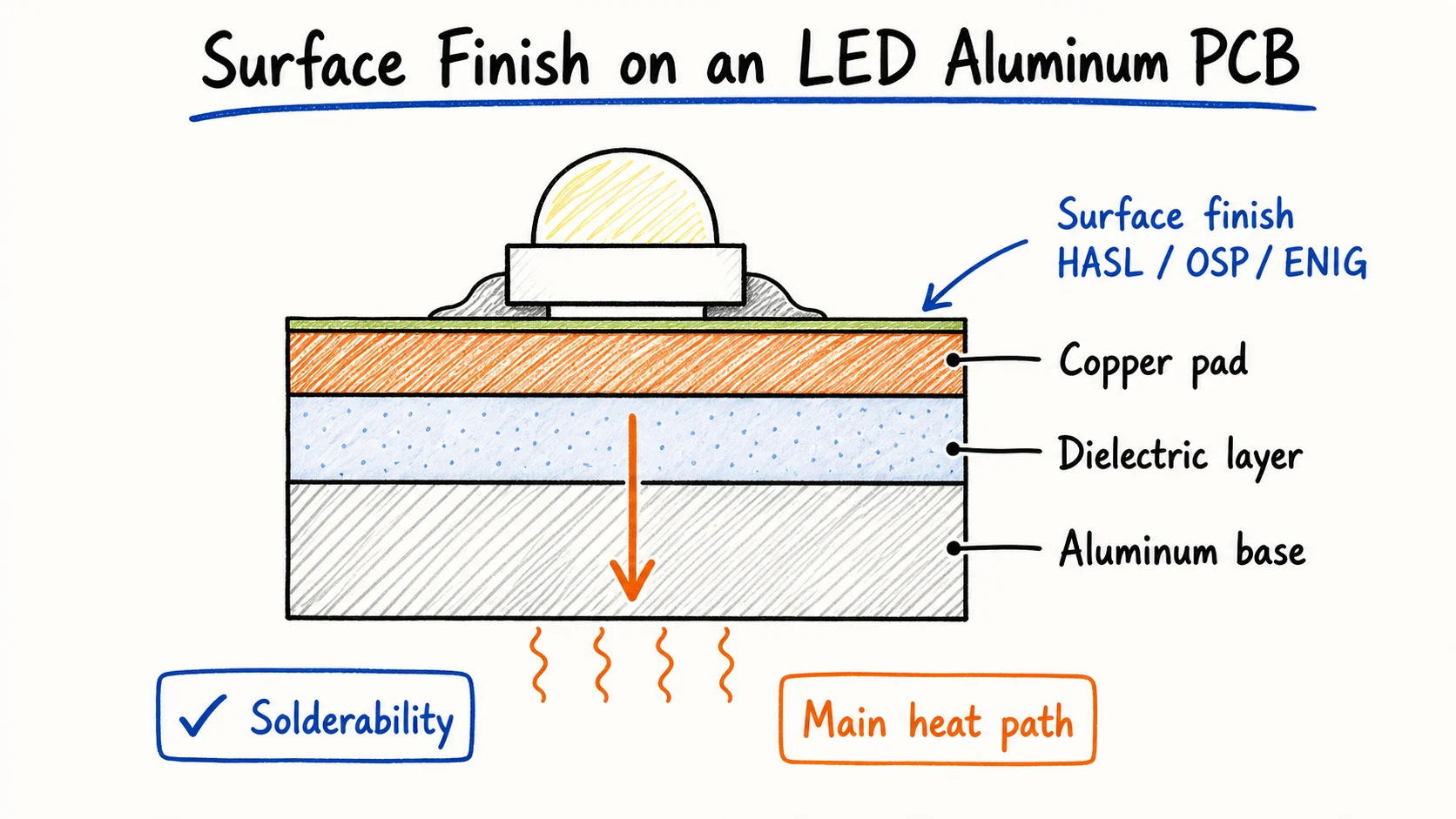 Surface finish sits on the copper pad of an LED aluminum PCB, while heat still crosses the dielectric into the aluminum base