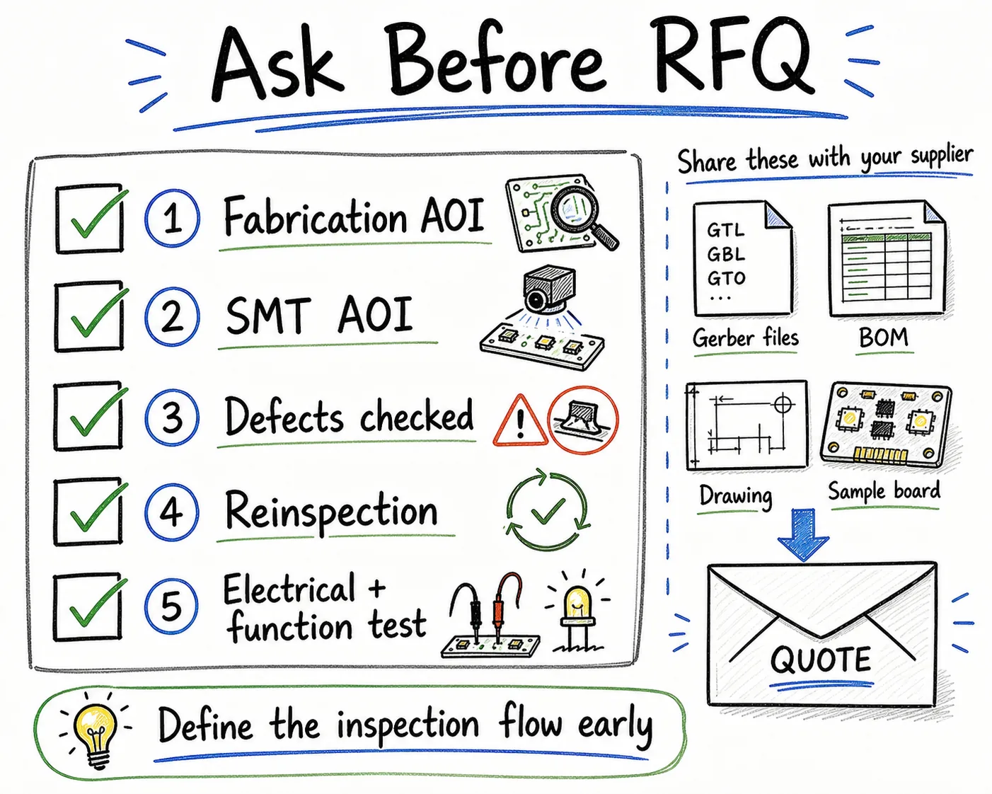 Hand-drawn AOI RFQ checklist for PCB buyers