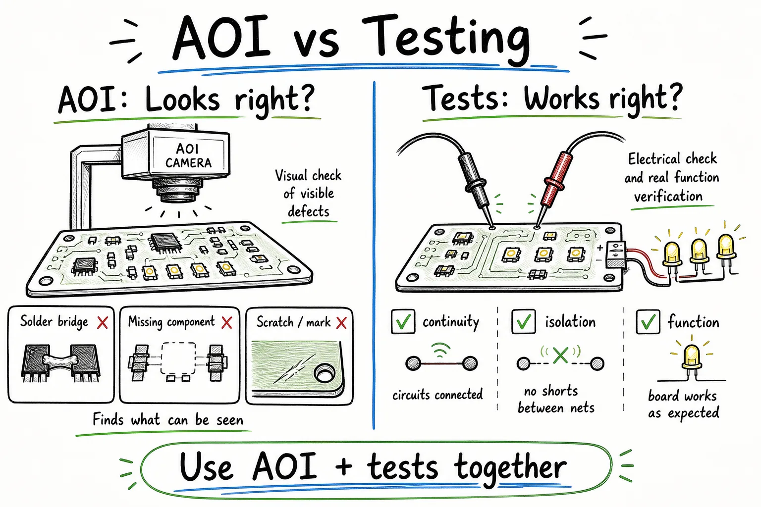 Hand-drawn comparison of AOI visual inspection and electrical functional testing