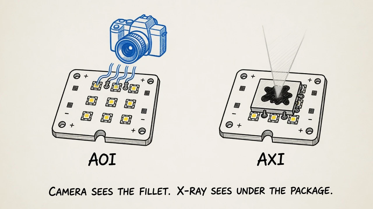 AOI camera checking visible LED fillets versus X-ray seeing solder under a package