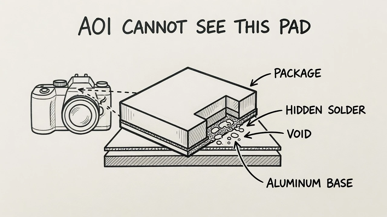 Cutaway of a QFN thermal pad showing hidden solder and voids that a camera cannot see