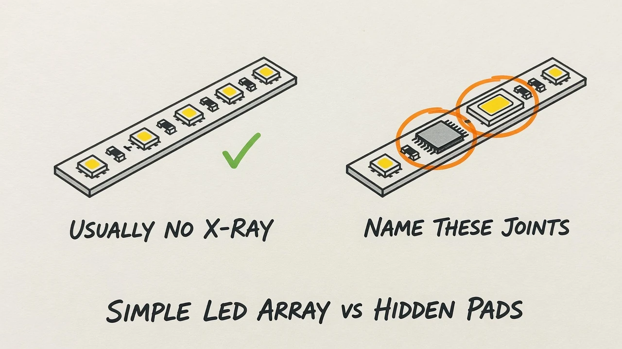 Simple visible LED array versus a board with named hidden thermal pads and a QFN