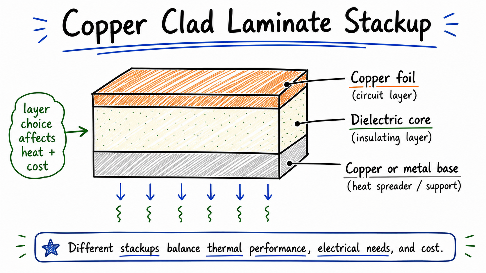 Copper clad laminate stackup with copper foil and insulating core
