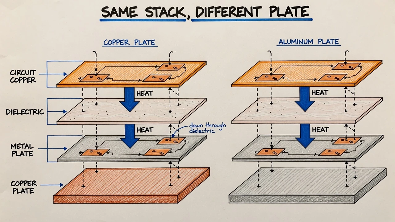 Exploded copper PCB and aluminum PCB stackup with the same circuit and dielectric