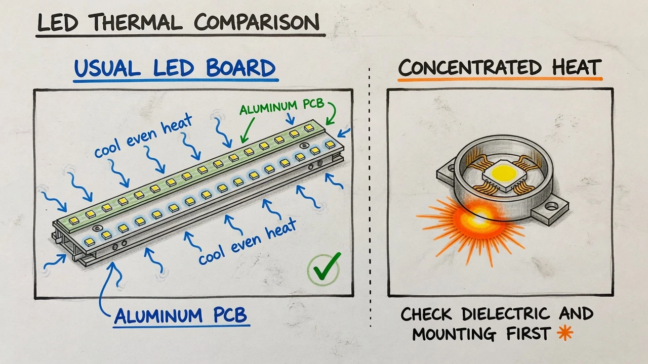 Usual spread-out LED module versus a compact COB hot spot