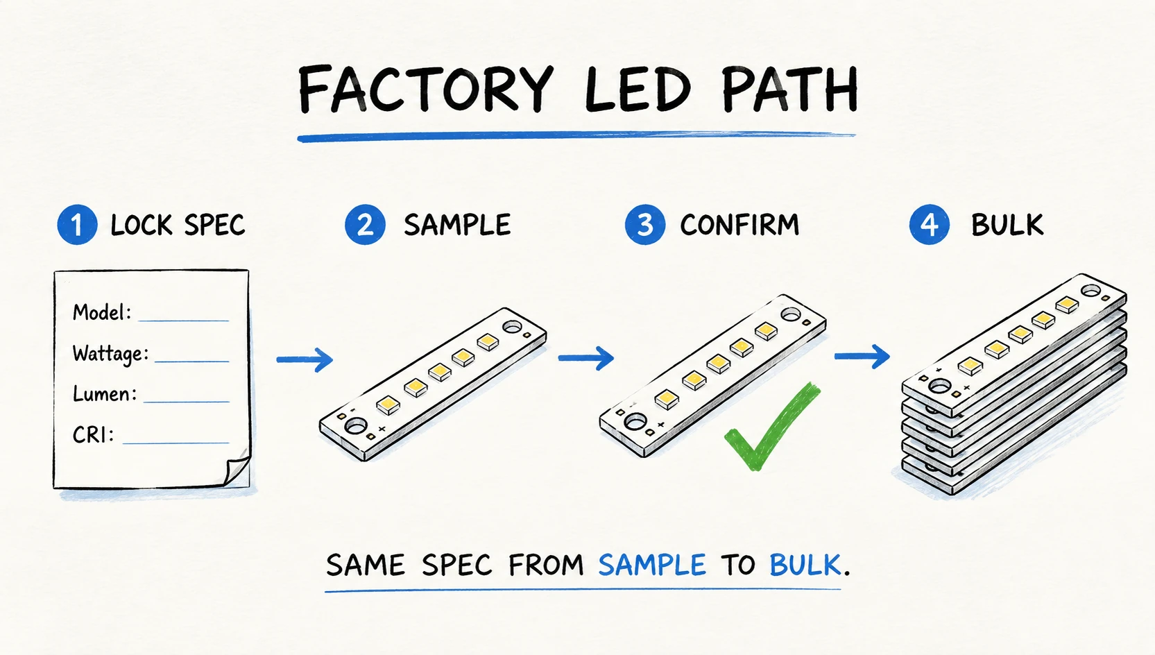 Factory LED path from locked spec to sample, confirmation, and bulk boards