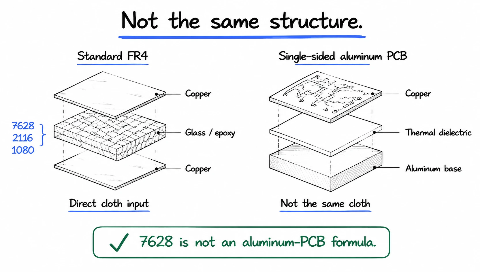 Standard FR4 uses woven glass cloth; a single-sided aluminum PCB uses a thermal dielectric and aluminum base