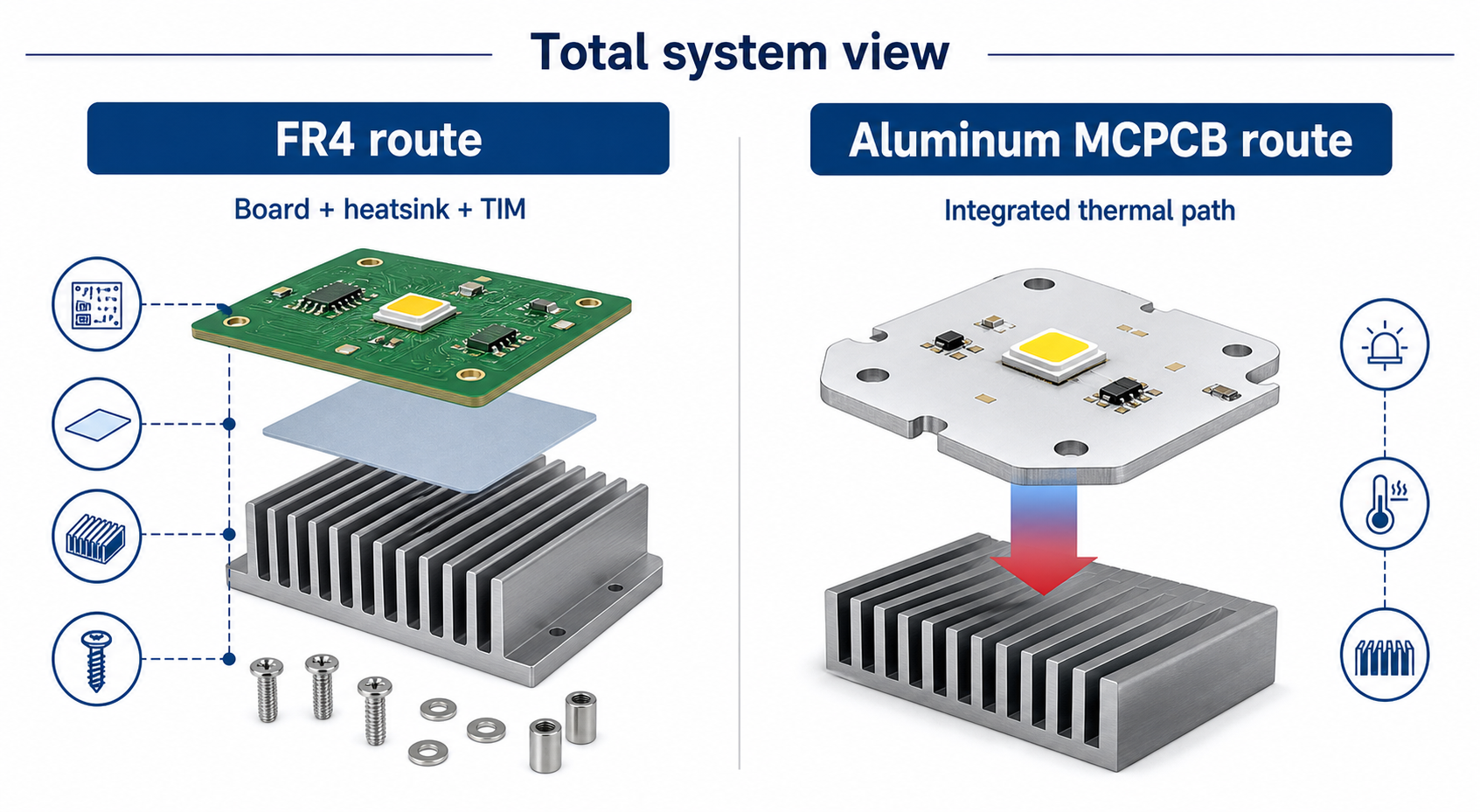 FR4 LED PCB versus aluminum MCPCB total thermal system comparison