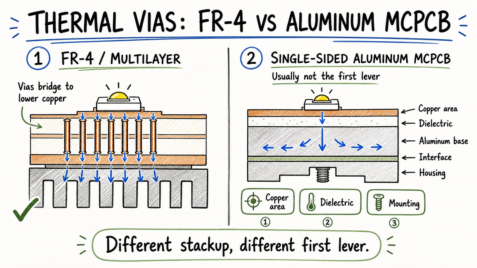 Hand-drawn comparison of thermal vias in FR-4 and the direct heat path in a single-sided aluminum MCPCB