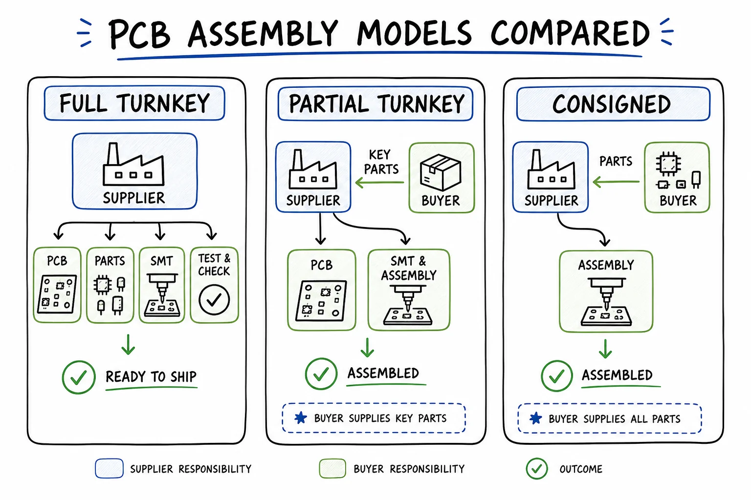 Full turnkey partial turnkey and consigned PCB assembly comparison