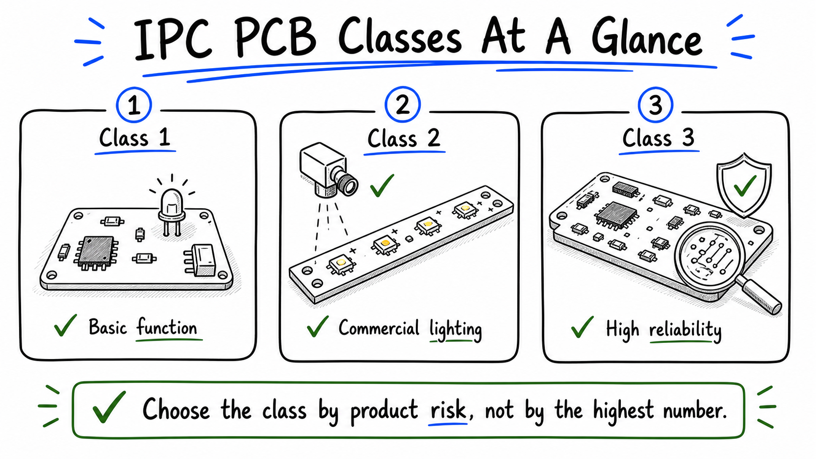 IPC PCB Class 1, Class 2, and Class 3 comparison for LED aluminum PCB buyers