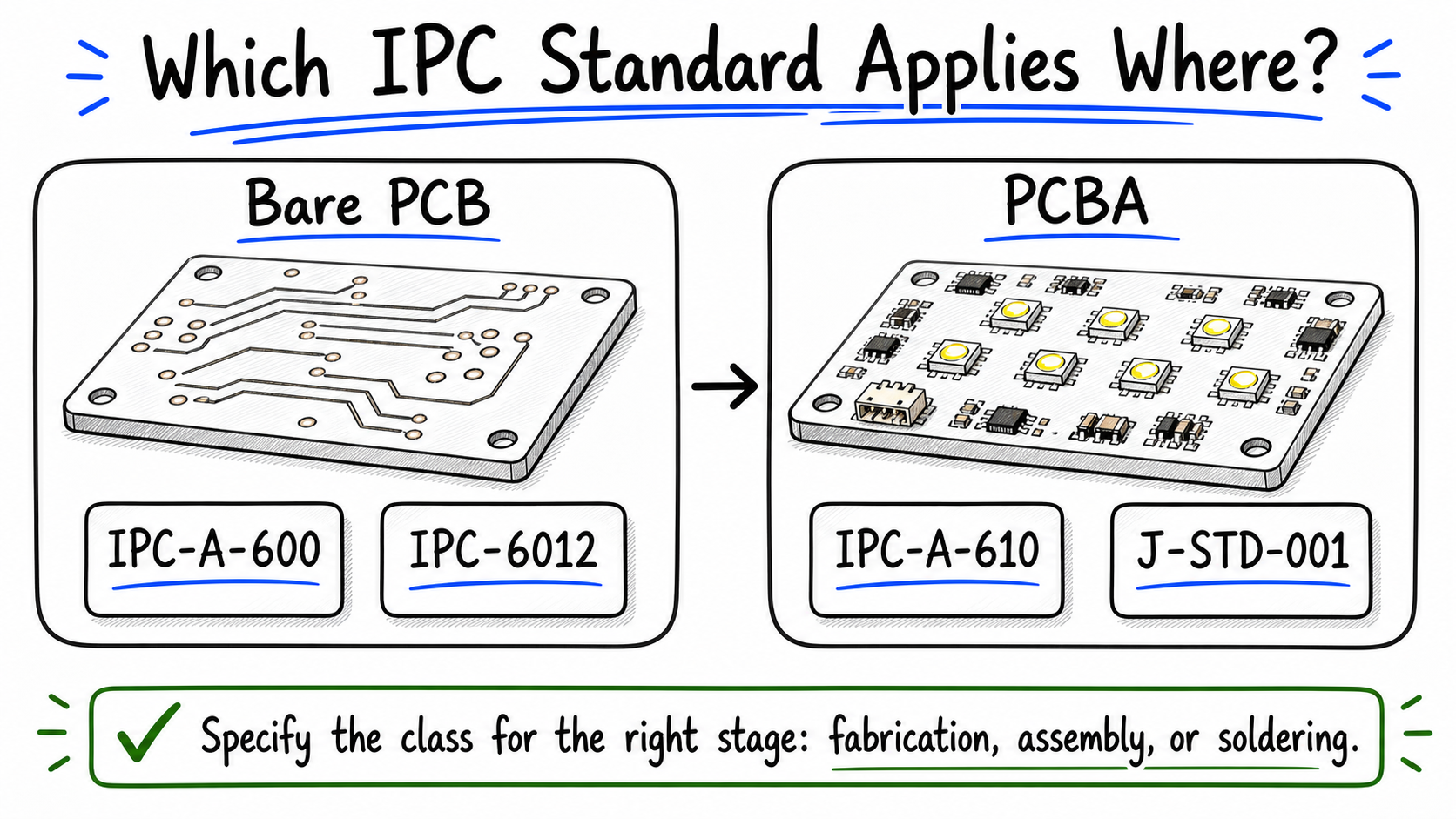 IPC standards map for bare PCB fabrication and PCBA assembly