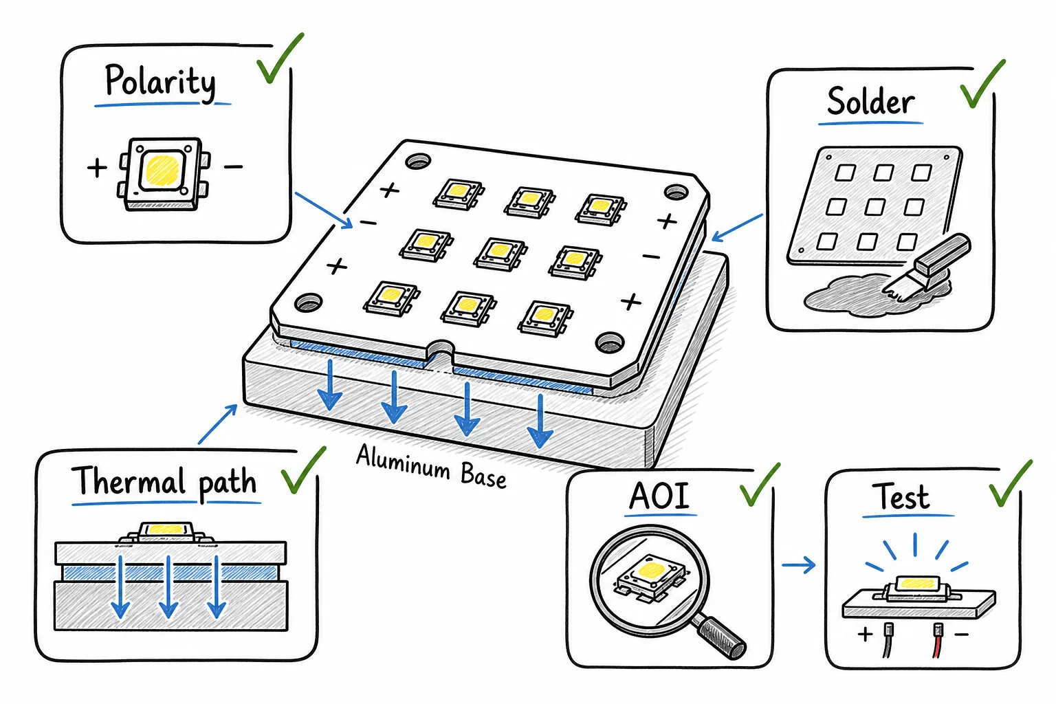 LED aluminum PCB assembly checkpoints for polarity thermal path soldering AOI and test