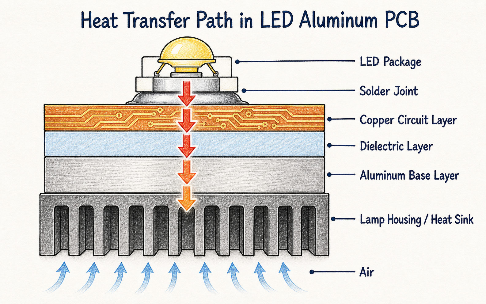 Hand-drawn LED aluminum PCB heat path from the LED package through the board into the lamp housing