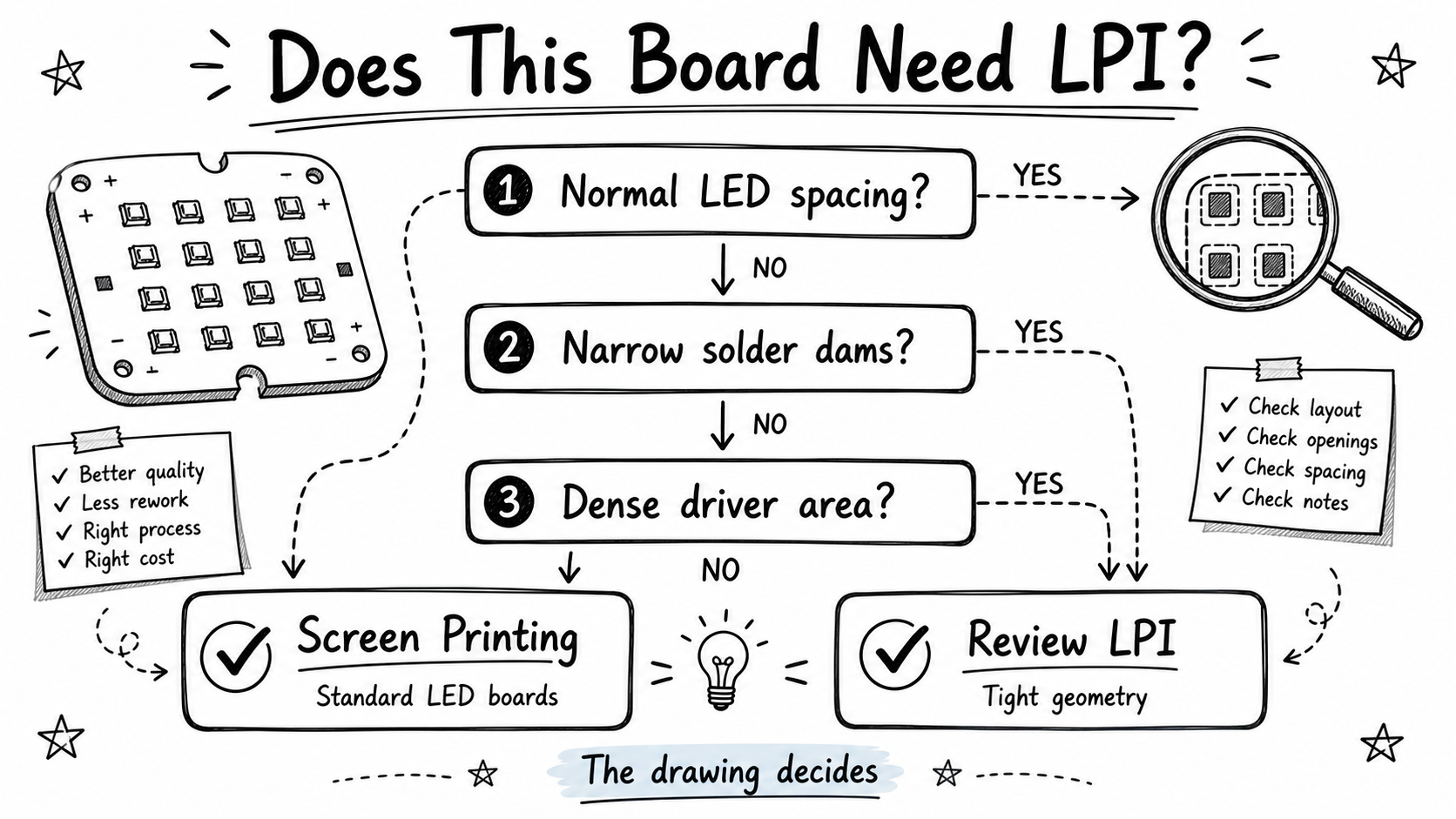 Hand drawn decision flowchart for choosing screen printing or LPI on LED aluminum PCBs