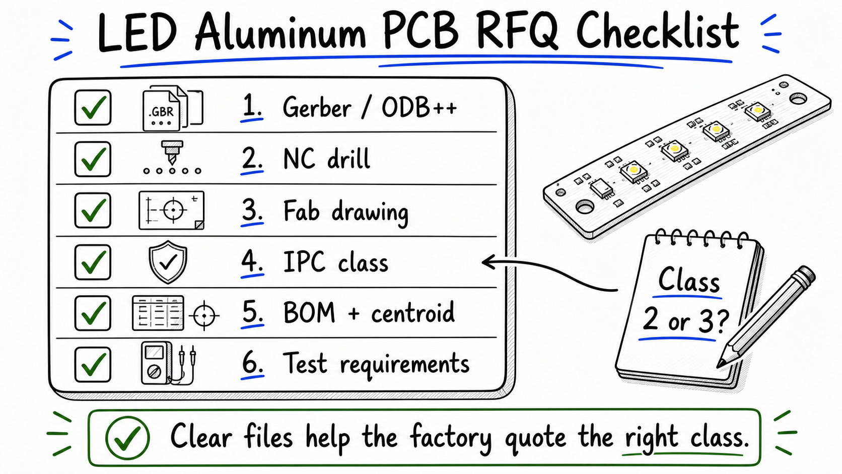 LED aluminum PCB RFQ checklist with Gerber files, NC drill, fab drawing, IPC class, BOM, centroid, and test requirements