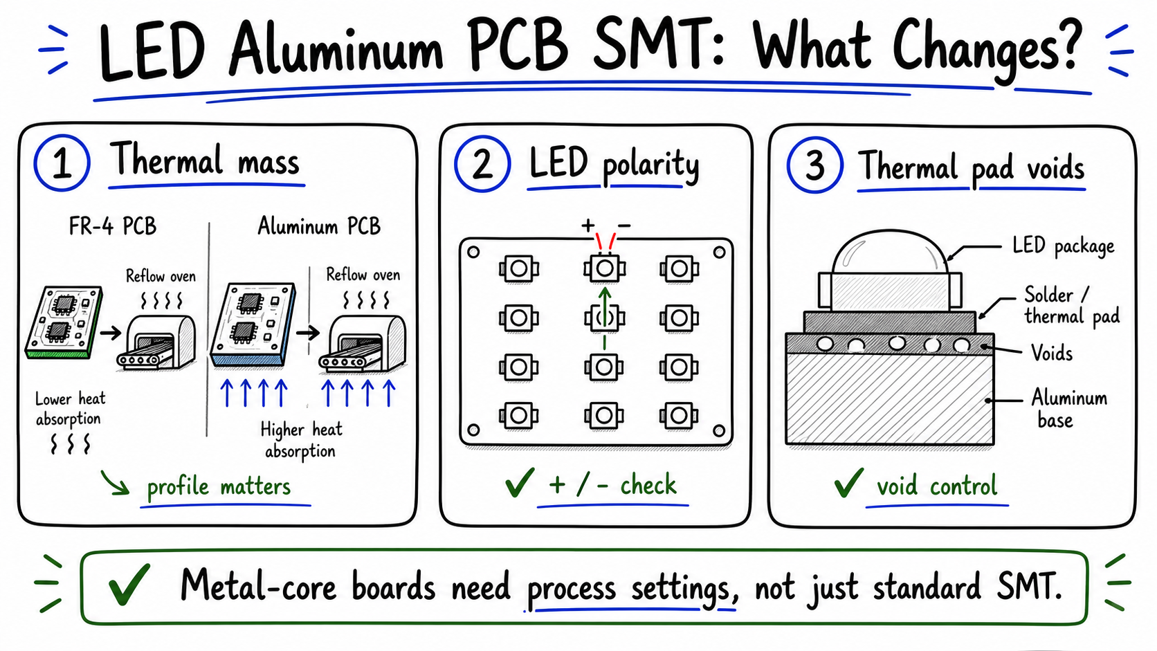 LED aluminum PCB SMT assembly differences including thermal mass polarity and thermal pad voids