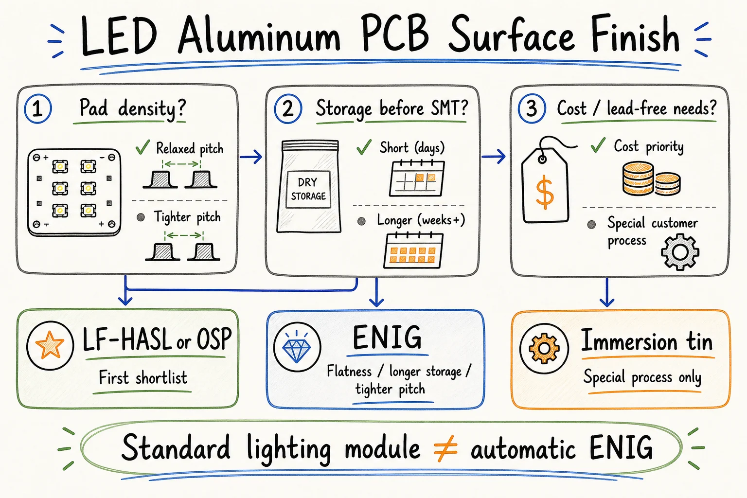 Decision flow for choosing HASL, OSP, ENIG, or immersion tin on LED aluminum PCBs