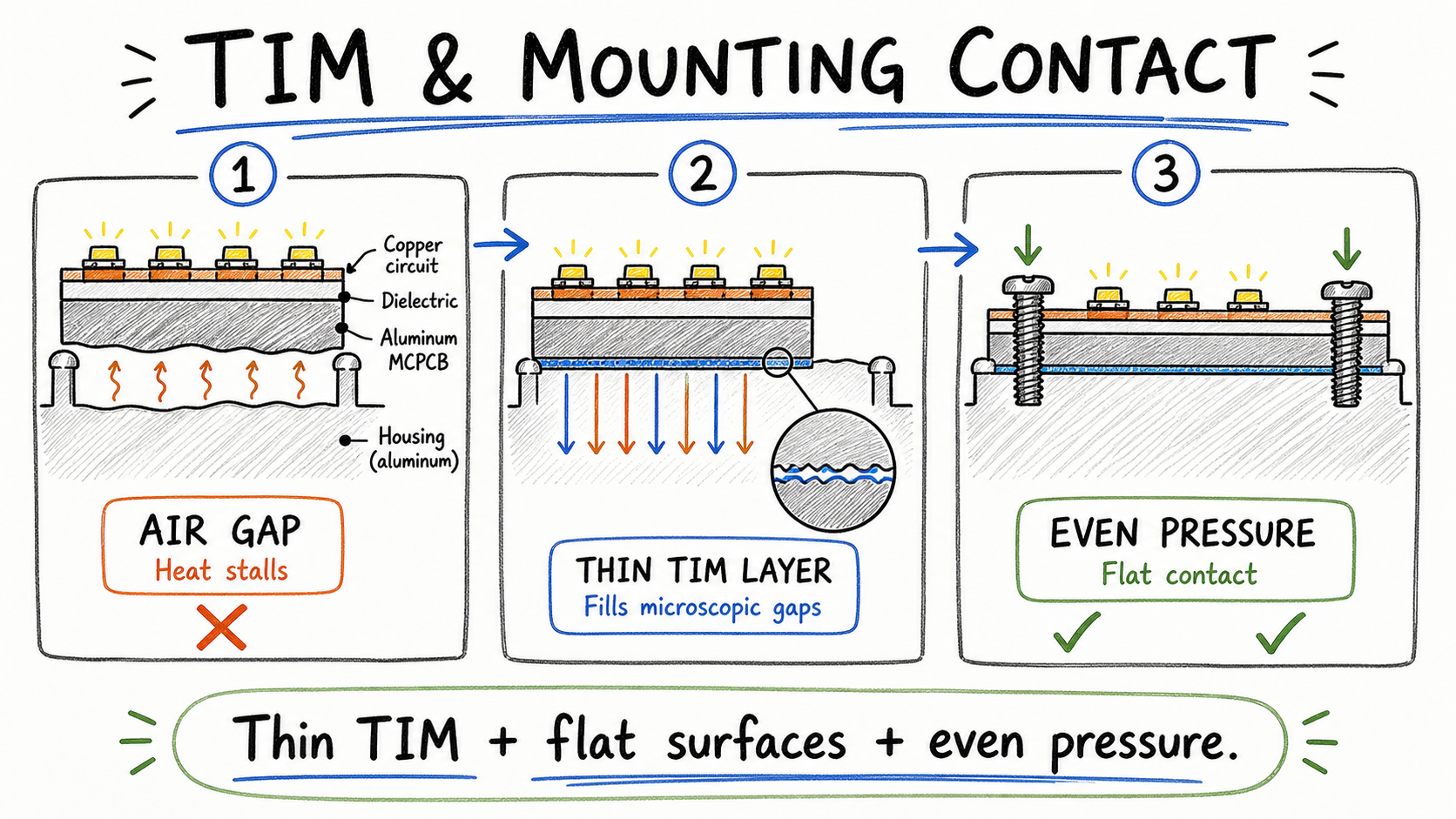 Hand-drawn comparison of an air gap, a thin TIM layer, and even mounting pressure