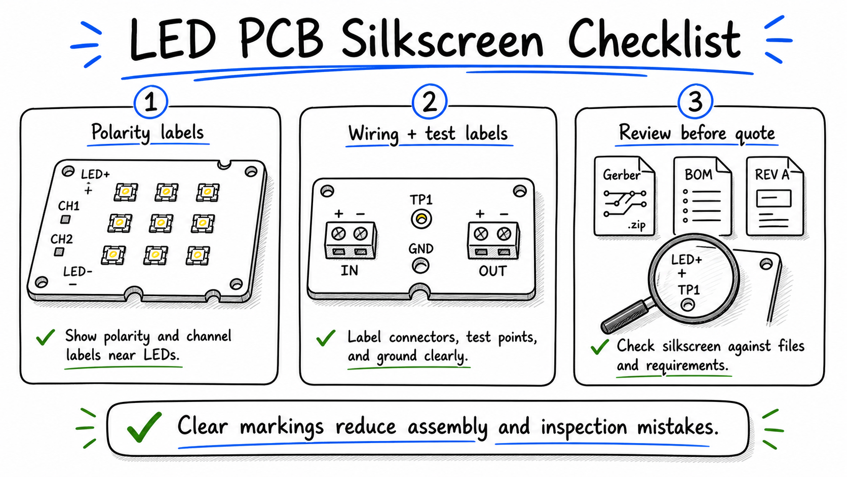 Hand-drawn LED PCB silkscreen checklist