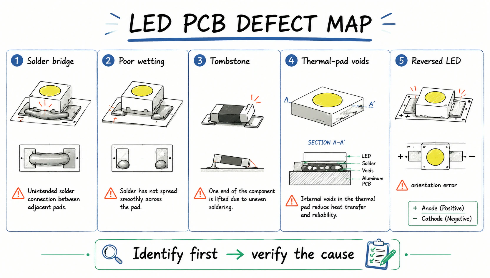 Common LED PCB soldering defects including bridging poor wetting tombstoning voids and reversed polarity