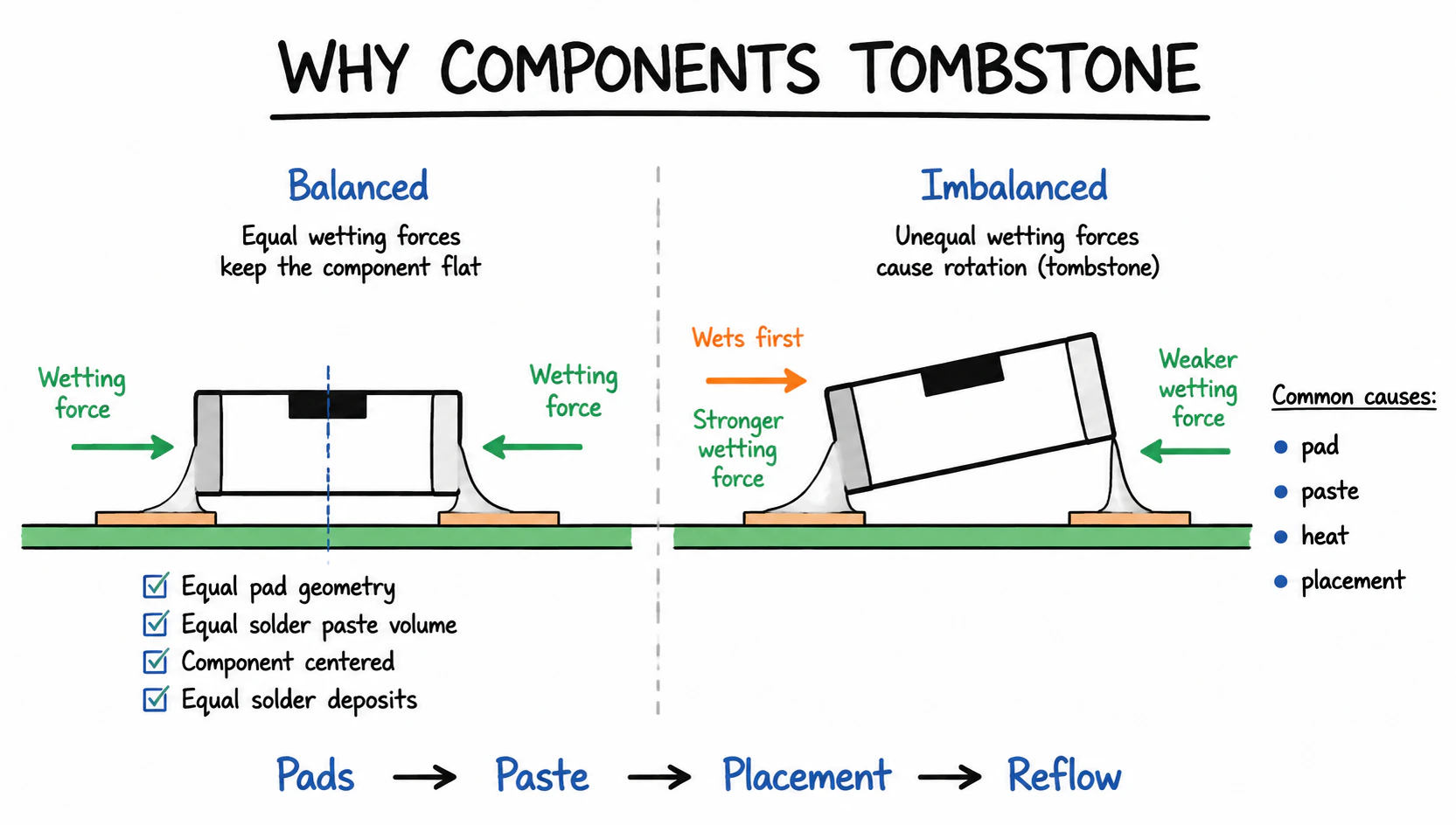 Balanced and imbalanced wetting forces that cause PCB component tombstoning