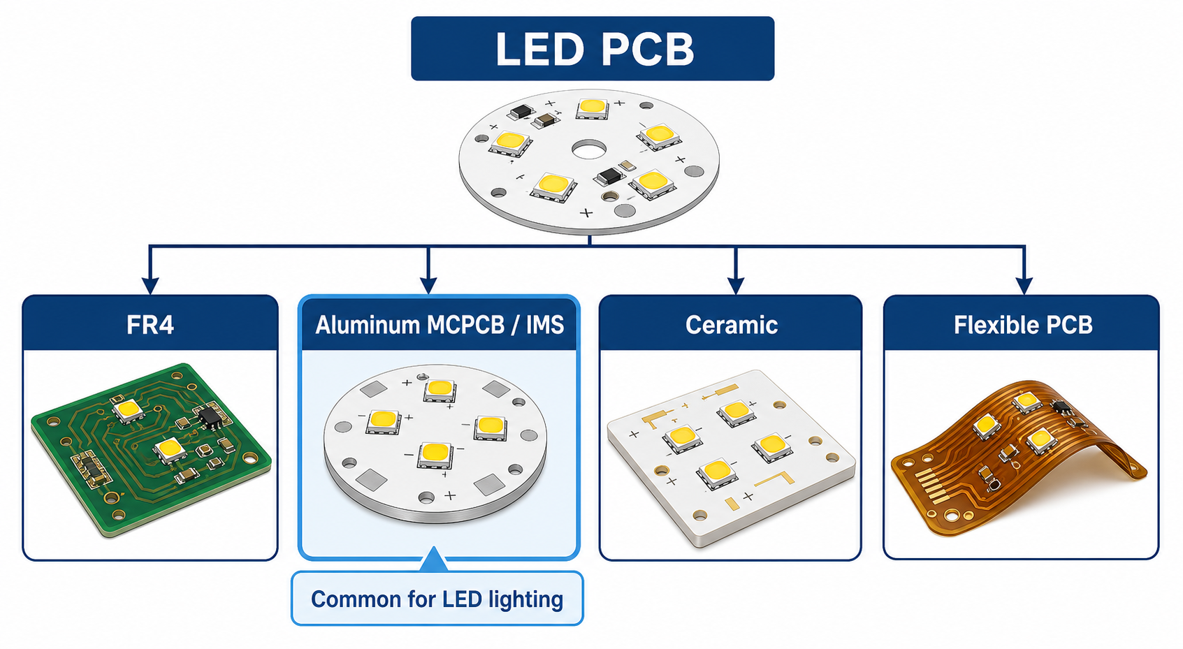 LED PCB category showing aluminum MCPCB as one substrate option