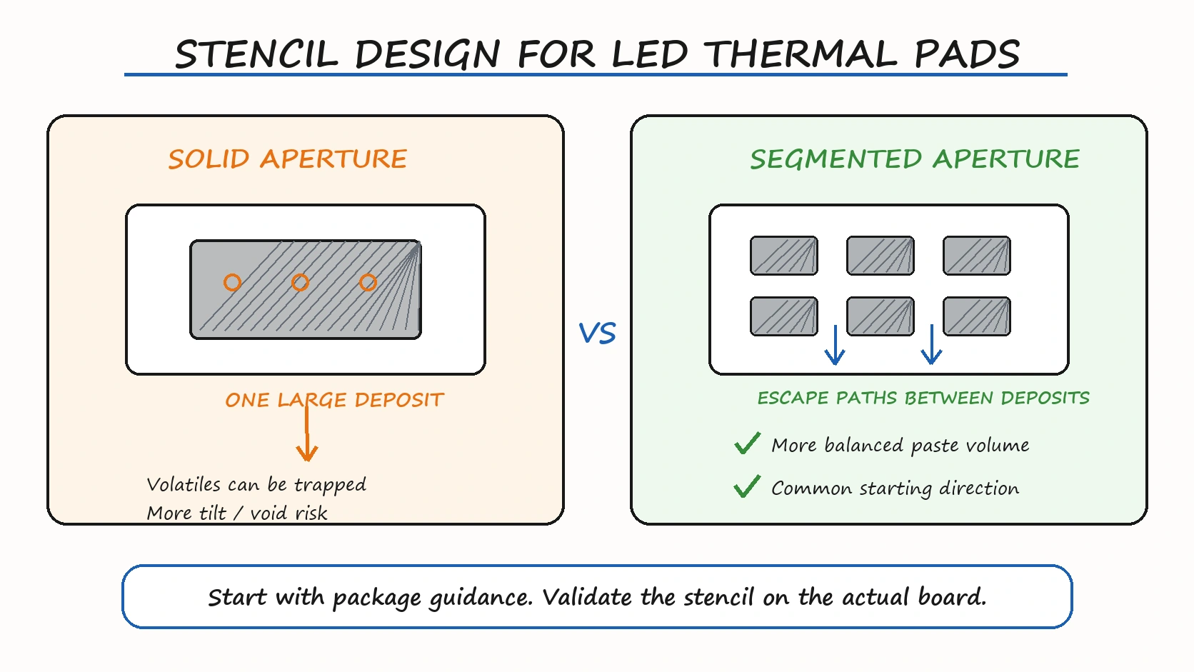 Solid and segmented stencil apertures for LED thermal pads