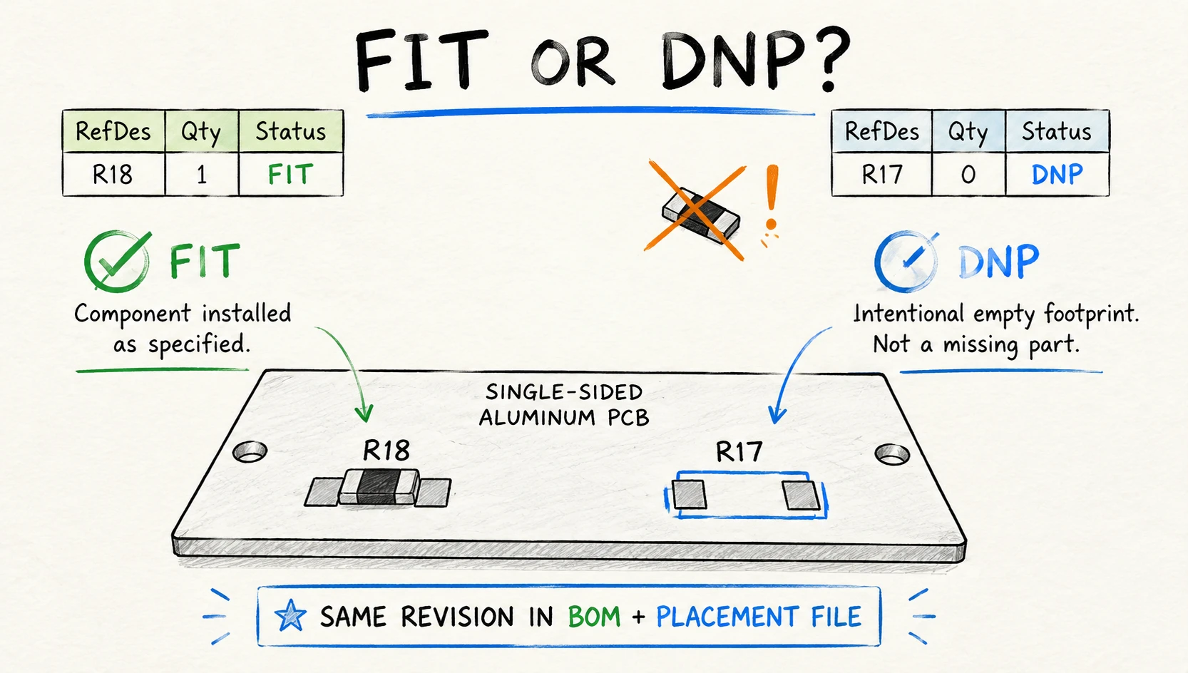 Fitted and DNP component positions on a single-sided aluminum PCB