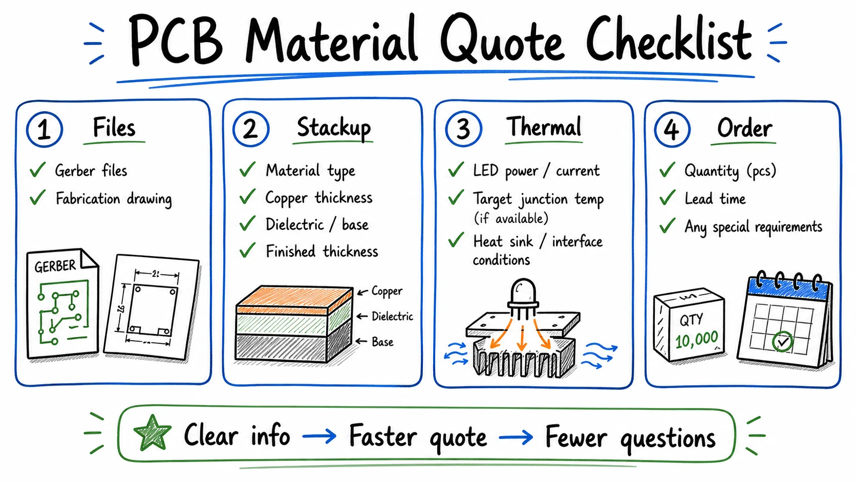 PCB material quote checklist for files stackup thermal and order details