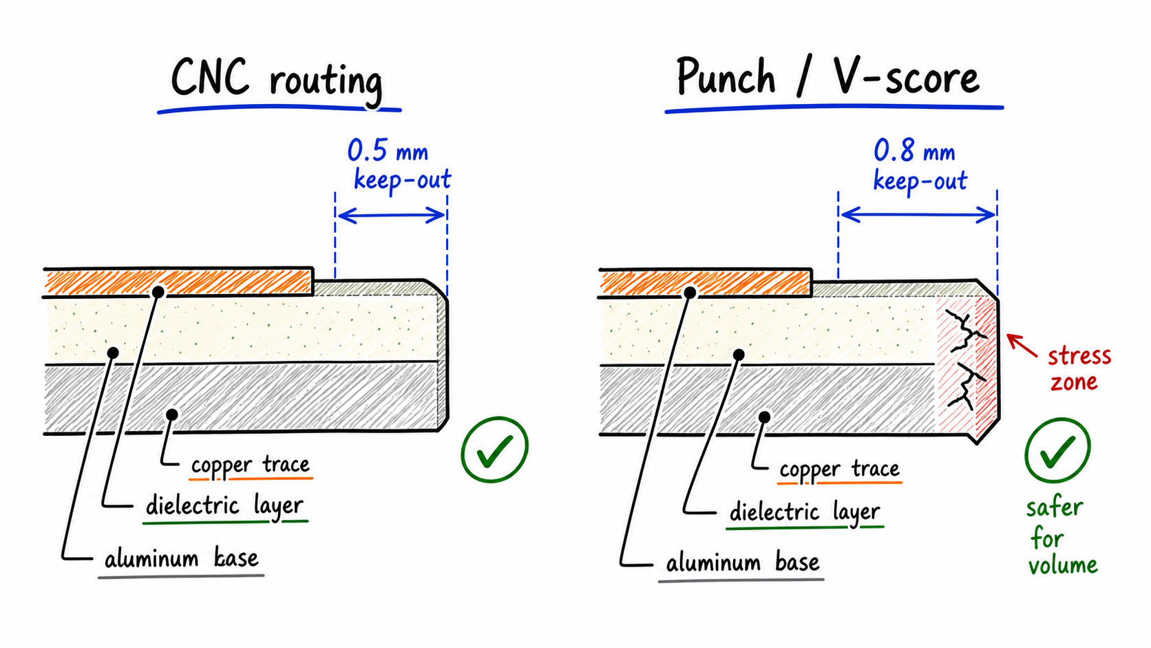CNC routing and punch V-score edge clearance comparison for aluminum PCB