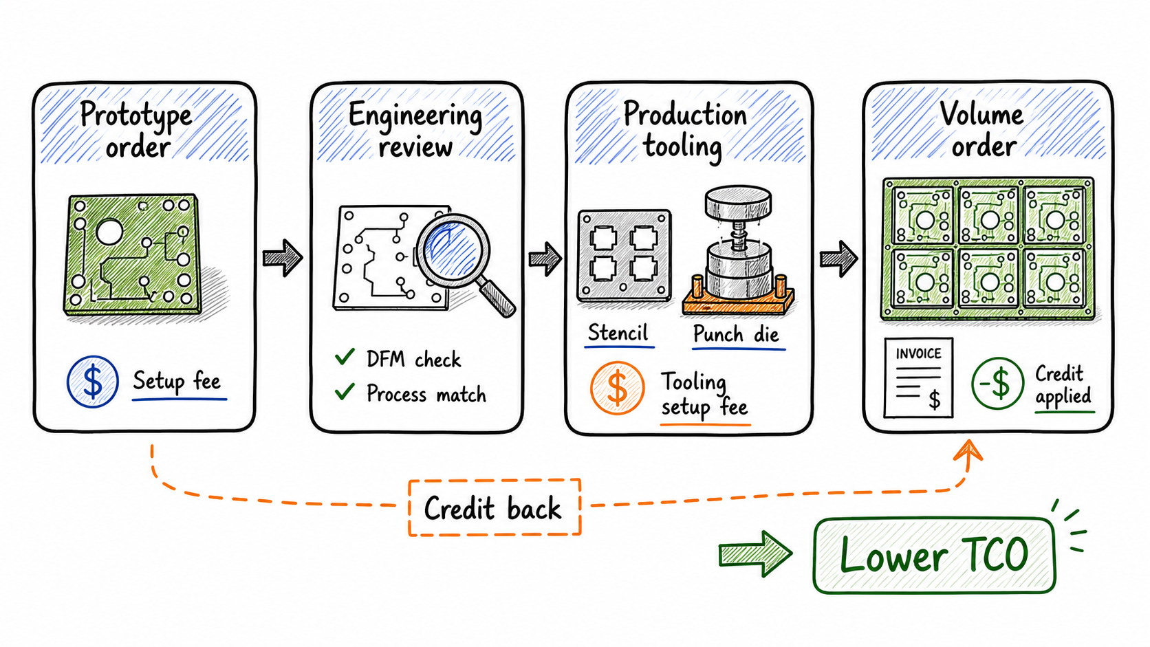 PCB prototype setup fee and volume order tooling credit workflow