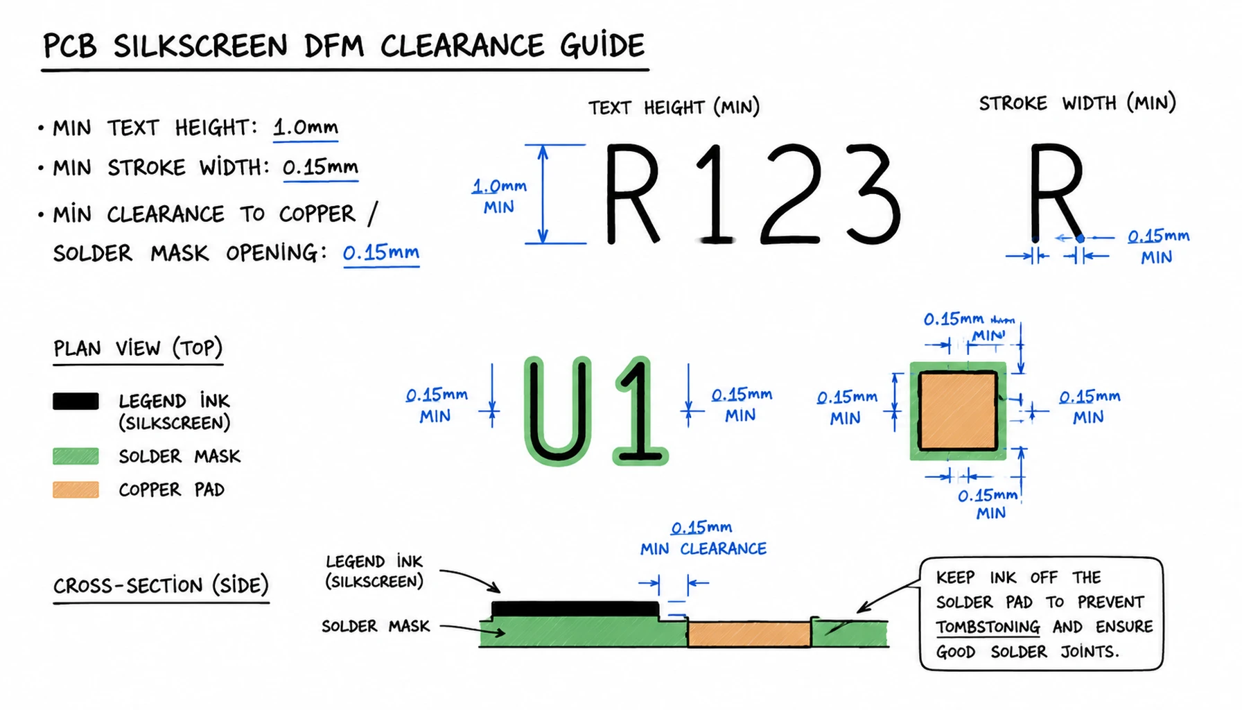 PCB silkscreen DFM clearances and minimum stroke width rules
