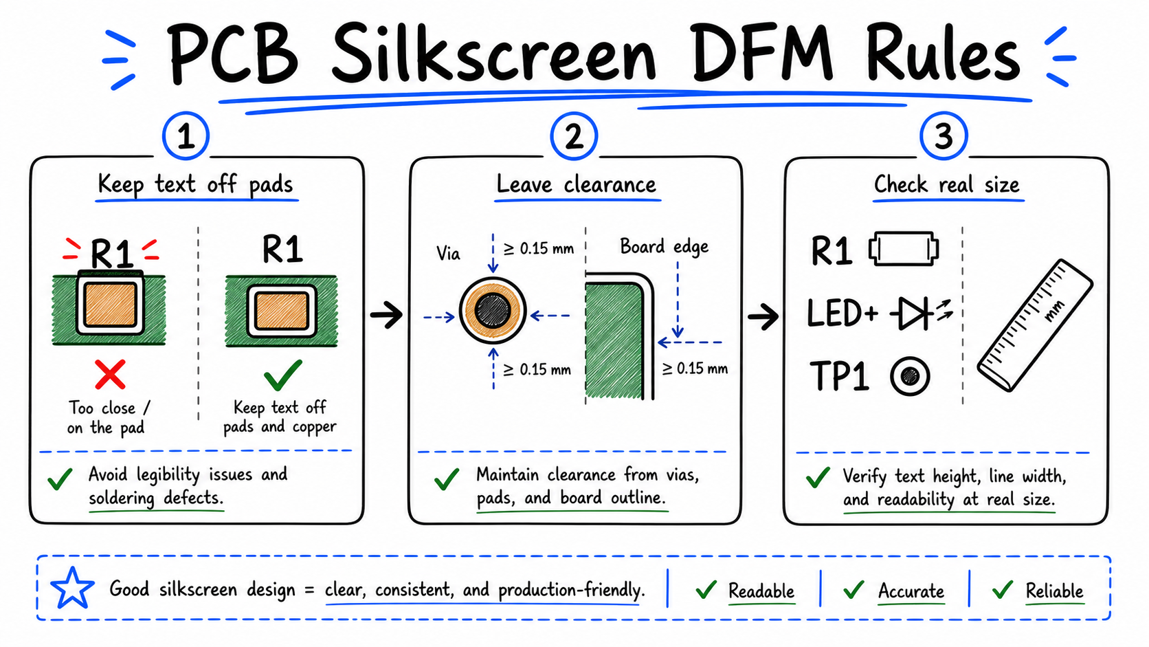 Hand-drawn PCB silkscreen DFM rules