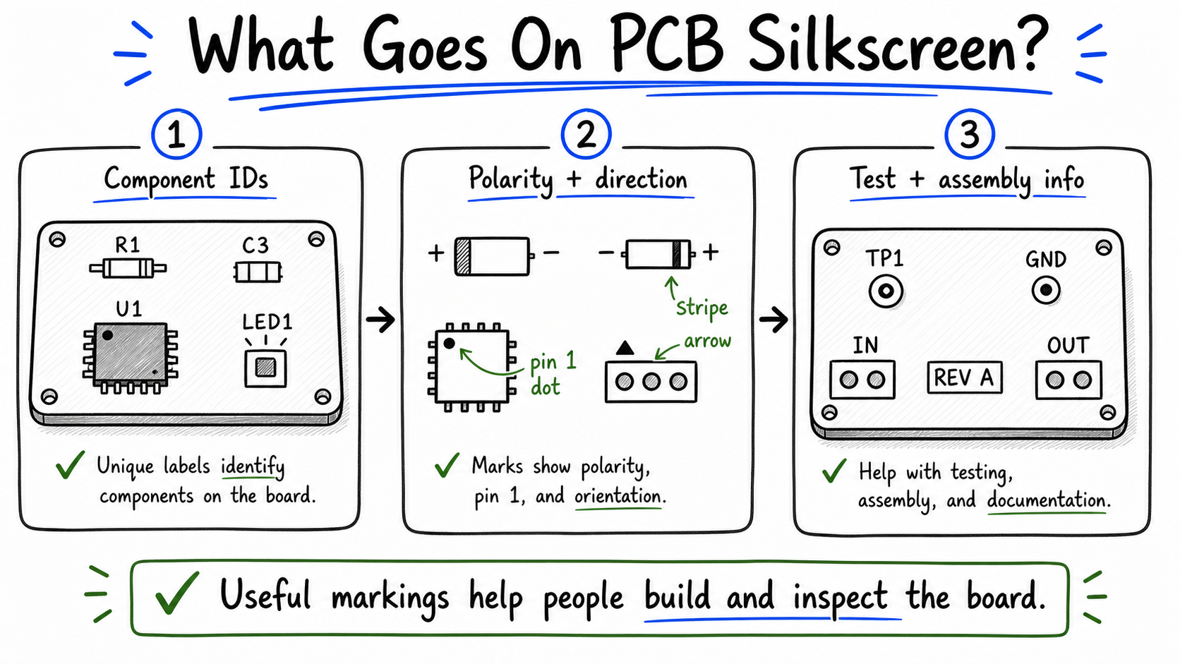 Hand-drawn PCB silkscreen markings guide