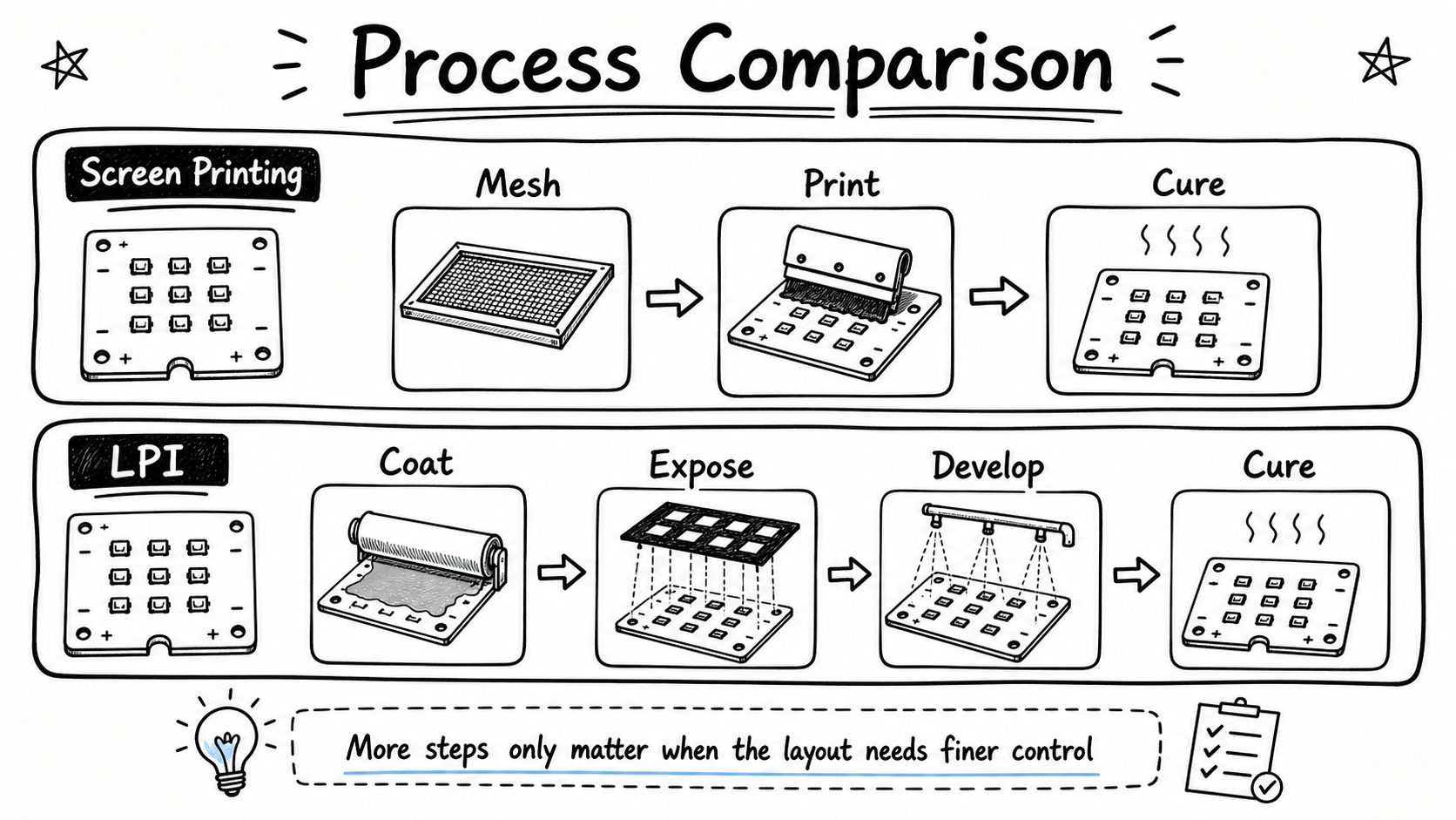 Hand drawn process comparison of screen printing and LPI solder mask