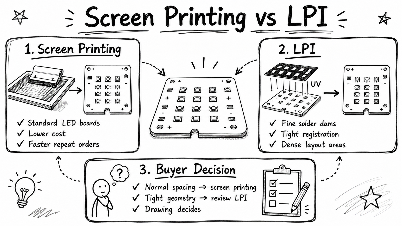 Hand drawn overview of screen printing versus LPI solder mask for LED aluminum PCBs