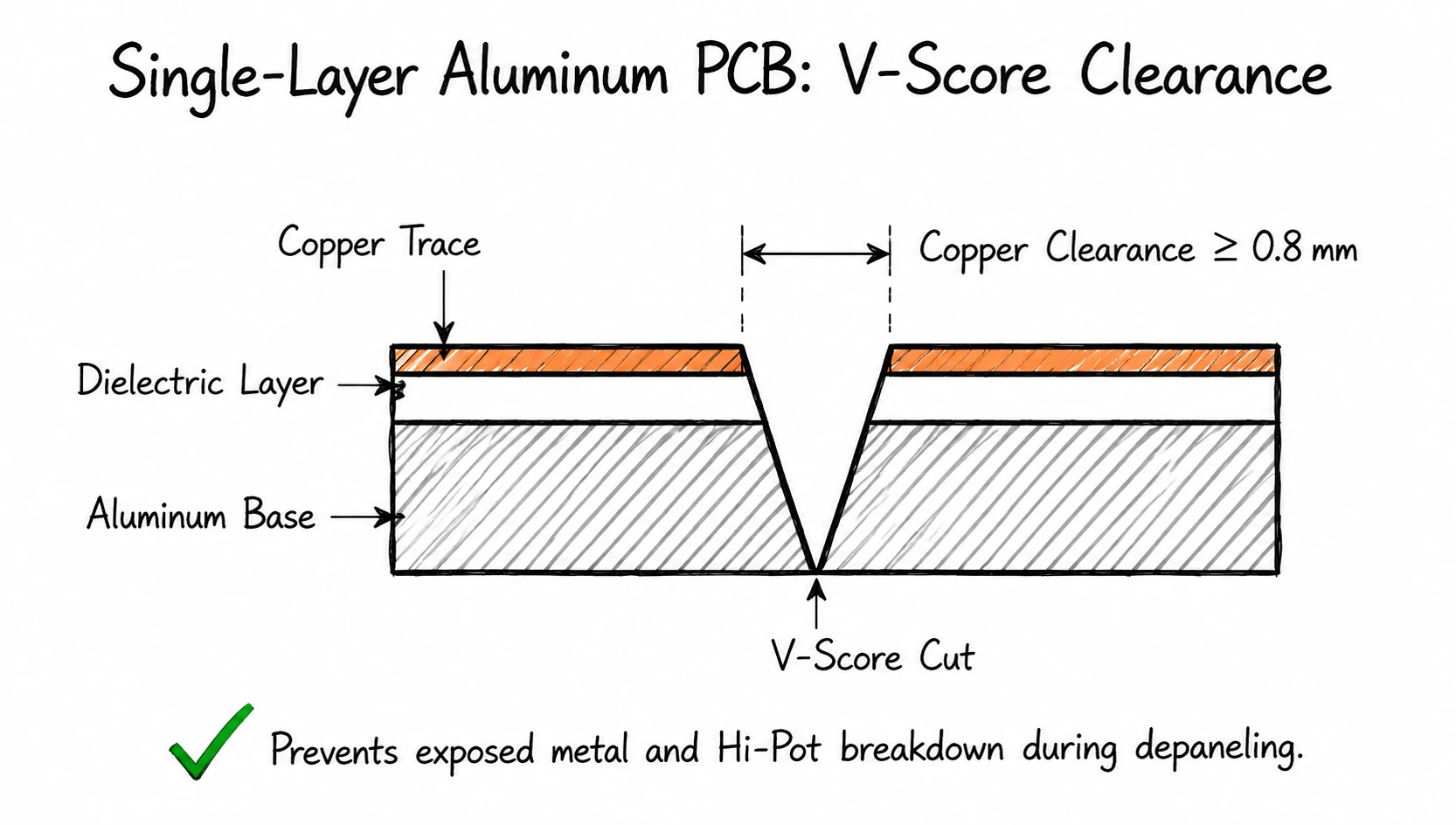 Single layer aluminum PCB V-score cut and edge clearance DFM rules