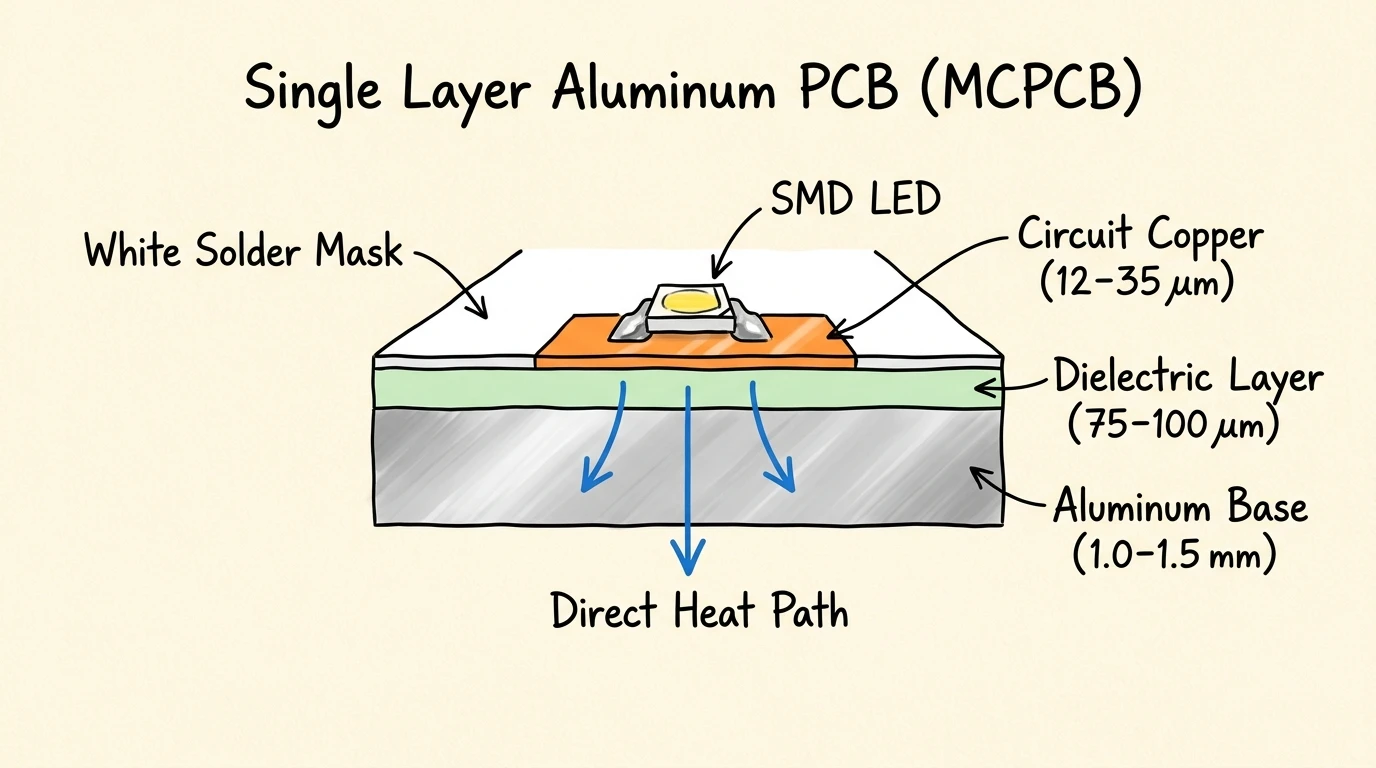 Single layer aluminum PCB stackup cross section showing heat flow from LED to aluminum base