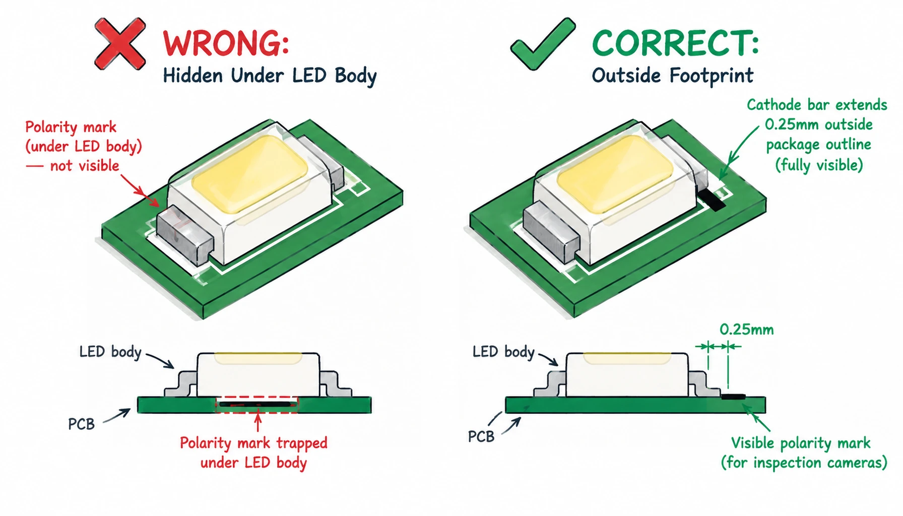 SMD LED polarity silkscreen marking placement outside component body