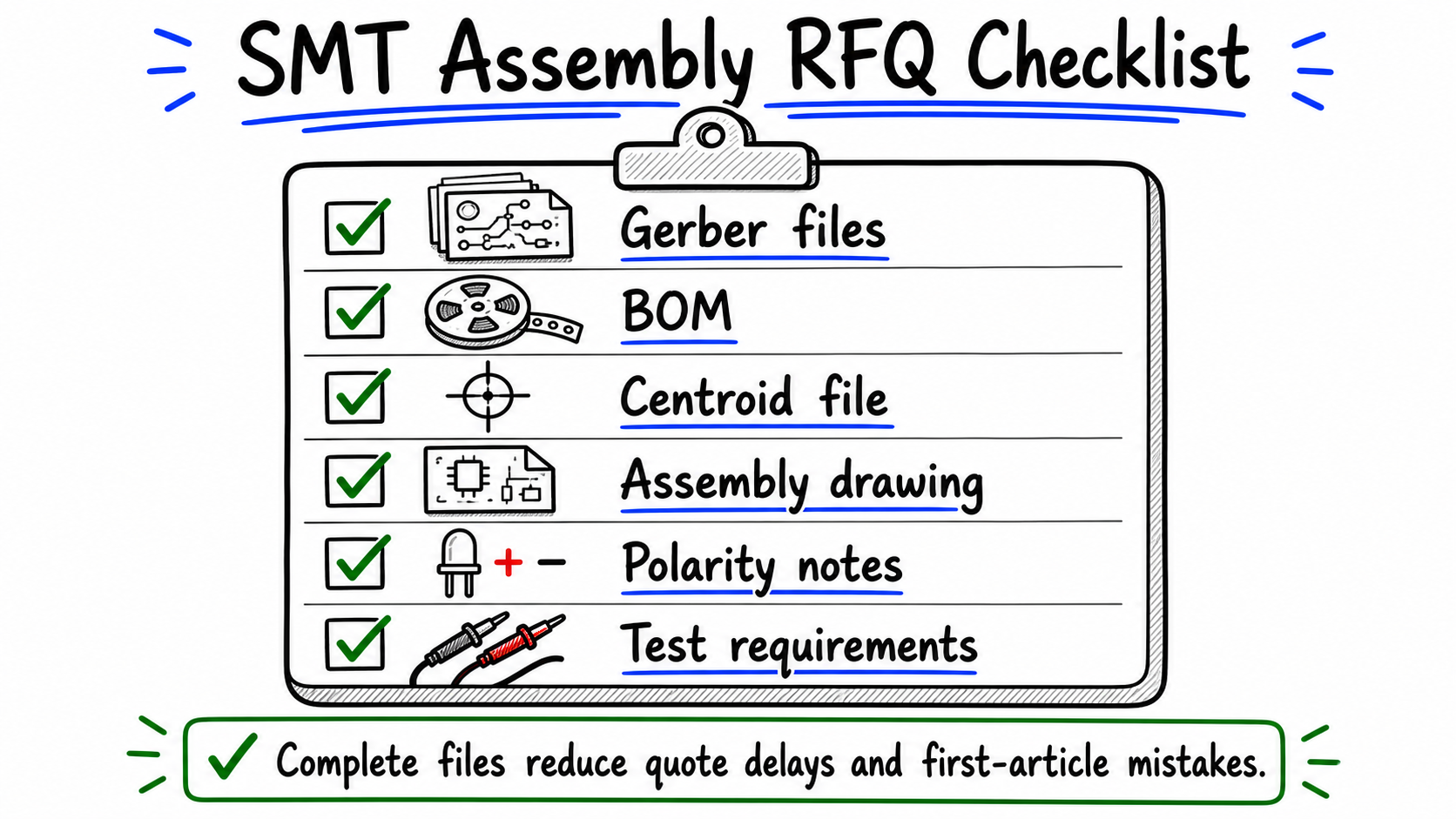 SMT assembly RFQ checklist with Gerber files BOM centroid file assembly drawing polarity notes and test requirements