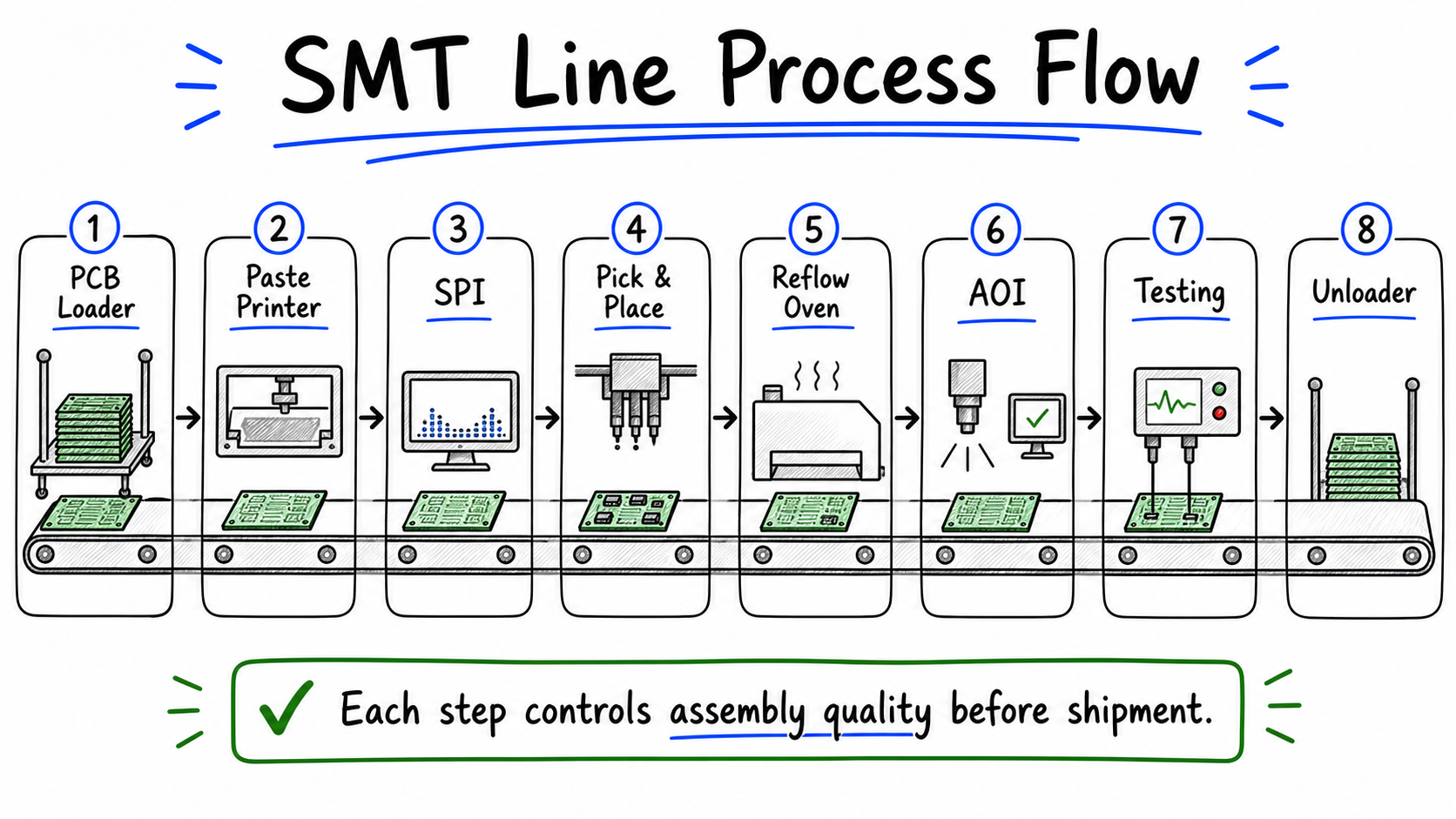 SMT line process flow from PCB loader to testing and unloader