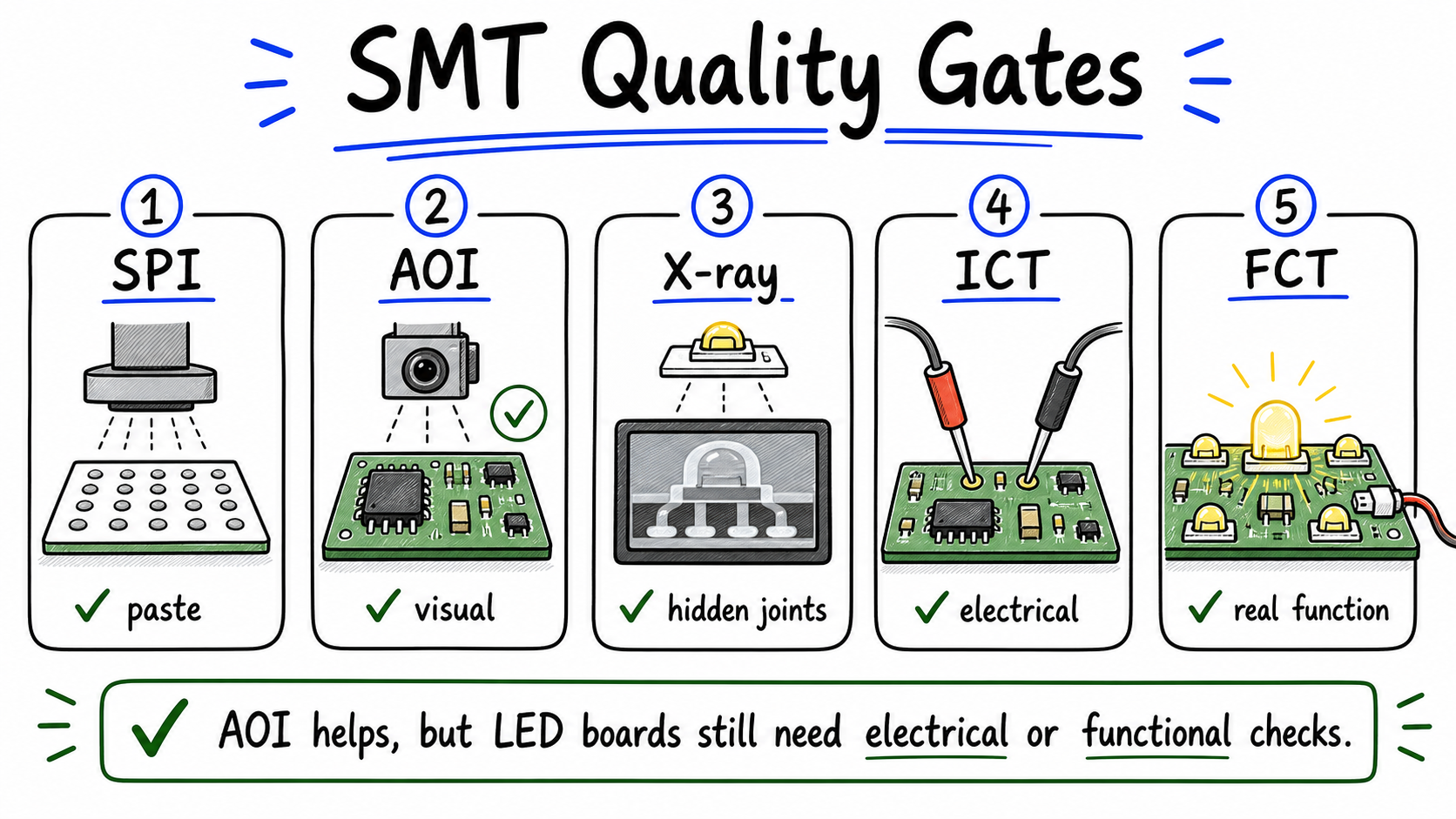 SMT quality gates showing SPI AOI X-ray ICT and FCT checks